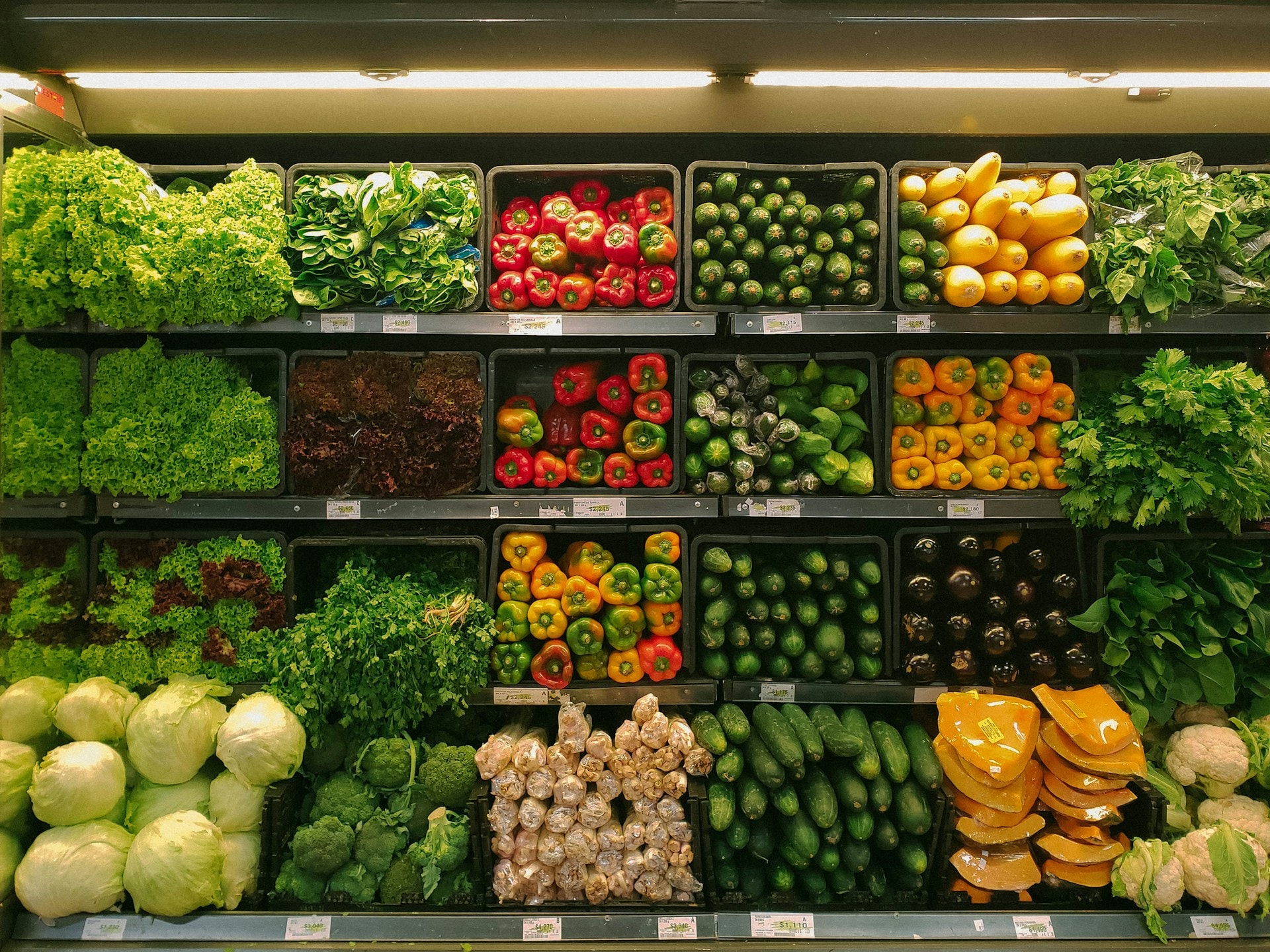 Fresh groceries and vegetables on clean store shelves